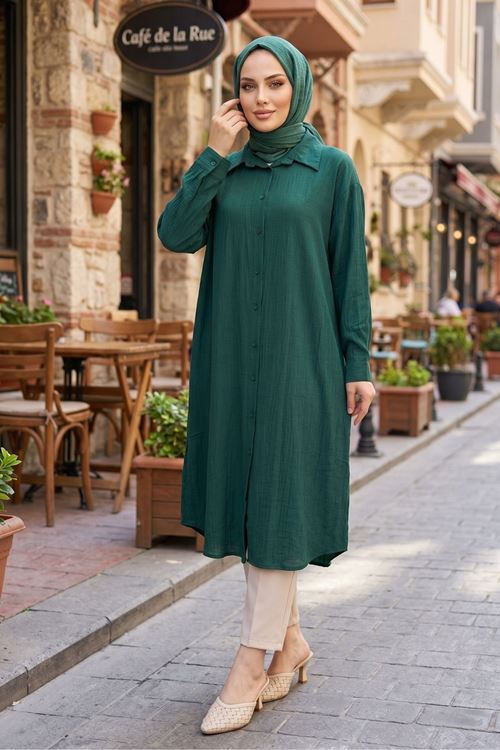 Kadın Gömlek Yaka Arka A Pile Çilek Kumaş Yazlık Efil Efil Trend 110 CM Zümrüt Yeşil Tesettür Uzun Tunik 