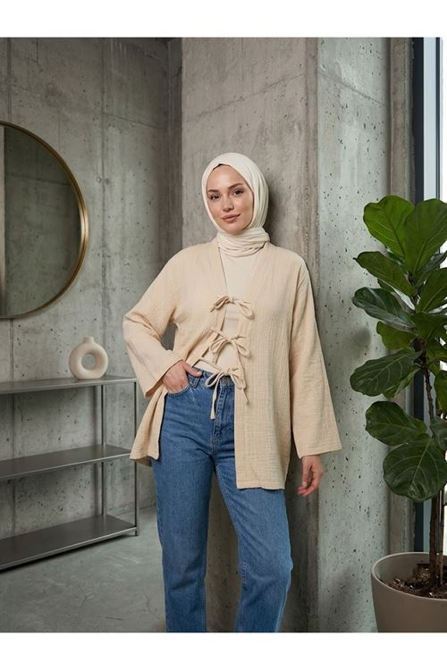 Üç Bağcıklı MüslinTunik-Bej