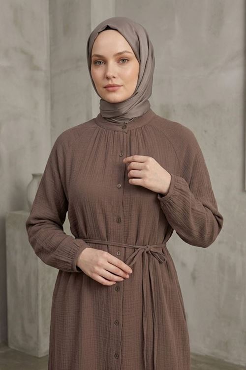 Kadın Duman Hakim Yaka Düğmeli Muslin Kumaş Kolu Lastikli Trend Şık Yazlık Rahat Kalıp Tesettür Uzun Tunik