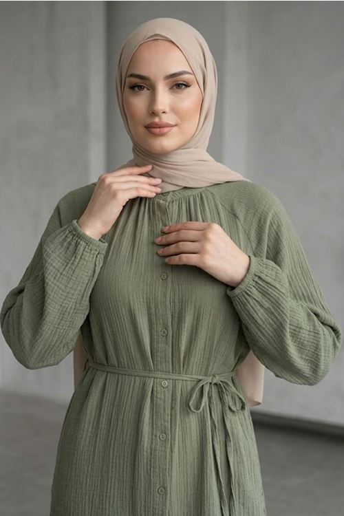 Kadın Haki Hakim Yaka Düğmeli Muslin Kumaş Kolu Lastikli Trend Şık Yazlık Rahat Kalıp Tesettür Uzun Tunik