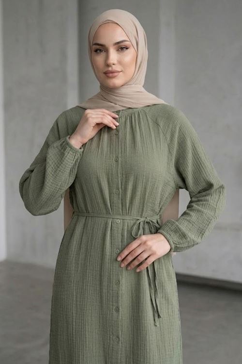 Kadın Haki Hakim Yaka Düğmeli Muslin Kumaş Kolu Lastikli Trend Şık Yazlık Rahat Kalıp Tesettür Uzun Tunik