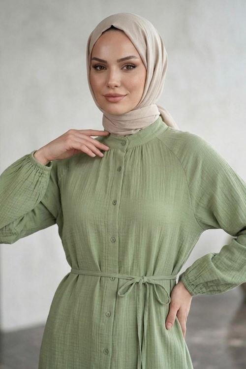Kadın Mint Hakim Yaka Düğmeli Muslin Kumaş Kolu Lastikli Trend Şık Yazlık Rahat Kalıp Tesettür Uzun Tunik