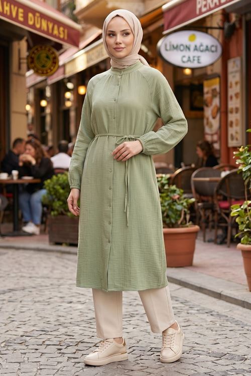 Kadın Mint Hakim Yaka Düğmeli Muslin Kumaş Kolu Lastikli Trend Şık Yazlık Rahat Kalıp Tesettür Uzun Tunik