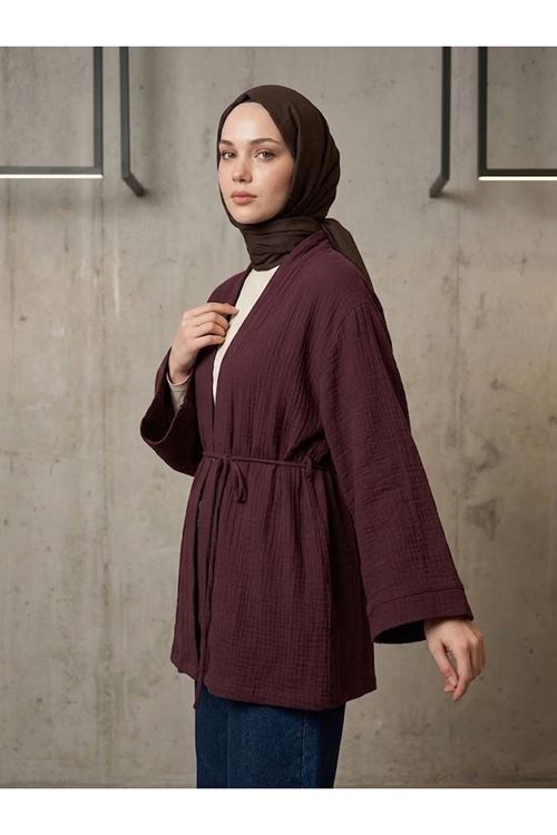 Yaka Bantlı Müslin Hırka-Bordo