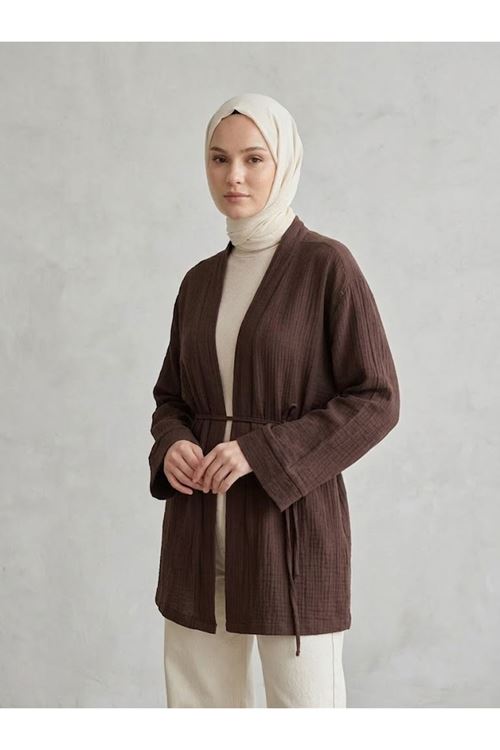 Yaka Bantlı Müslin Hırka-Kahve