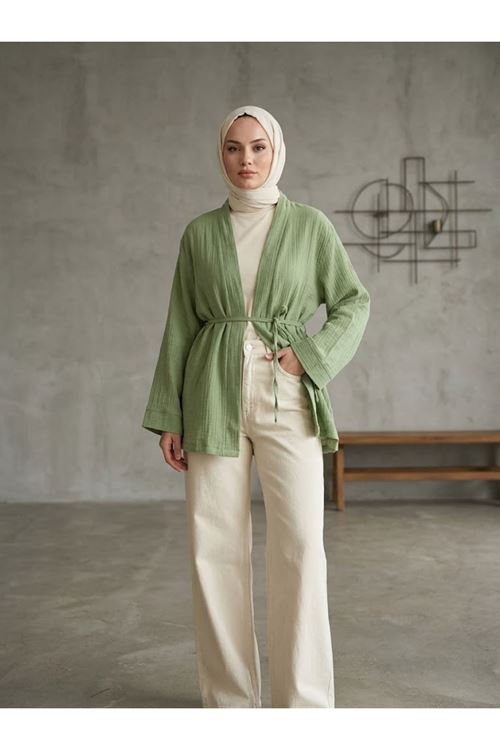 Yaka Bantlı Müslin Hırka-Mint