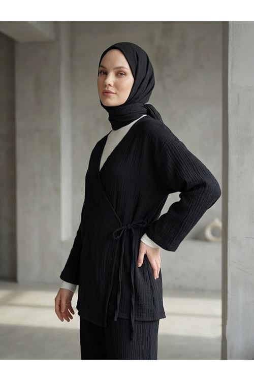 Yan Bağlamalı Müslin Takım-Siyah