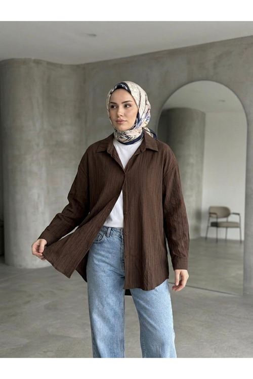 Kendinden Çizgili Tunik-Kahve
