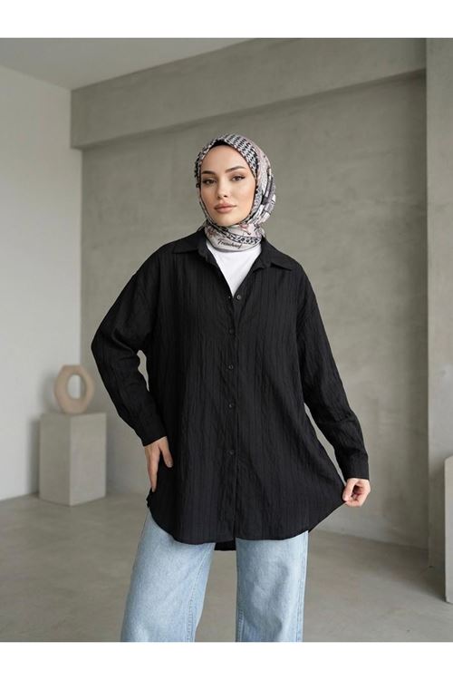 Kendinden Çizgili Tunik-Siyah