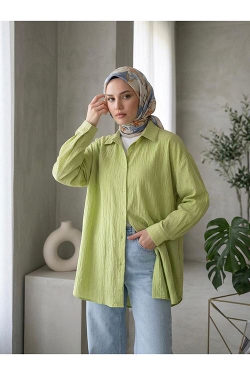 Kendinden Çizgili Tunik-YAĞ YEŞİLİ