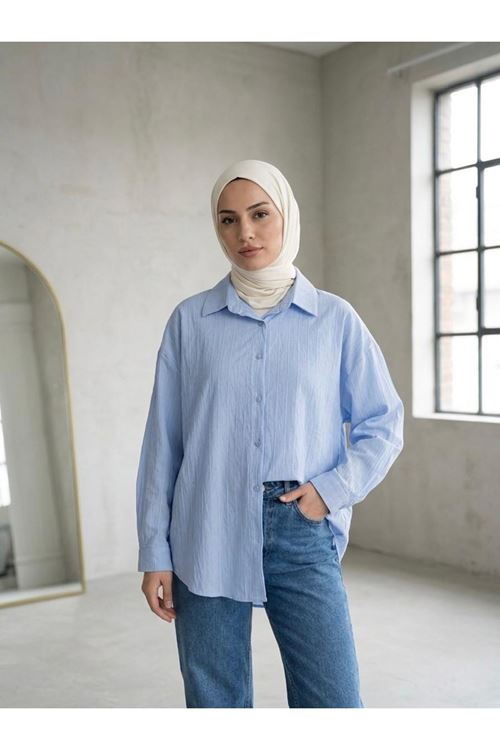 Kendinden Çizgili Tunik-Mavi