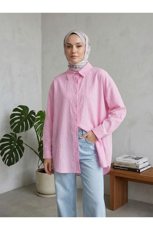 Kendinden Çizgili Tunik-Pembe