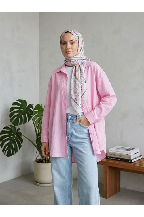 Kendinden Çizgili Tunik-Pembe