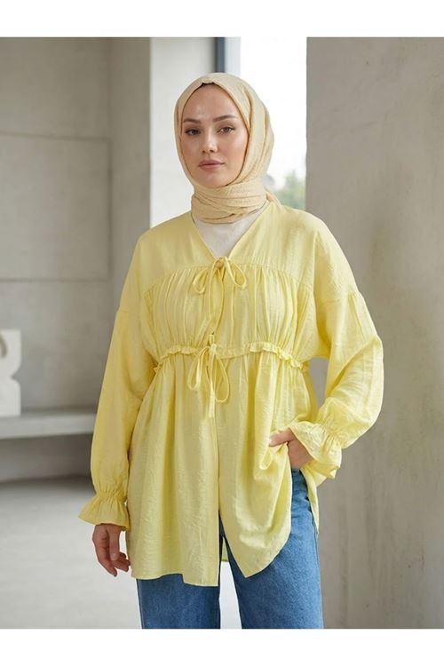 Büzgülü Bağlamalı Tunik-Sarı