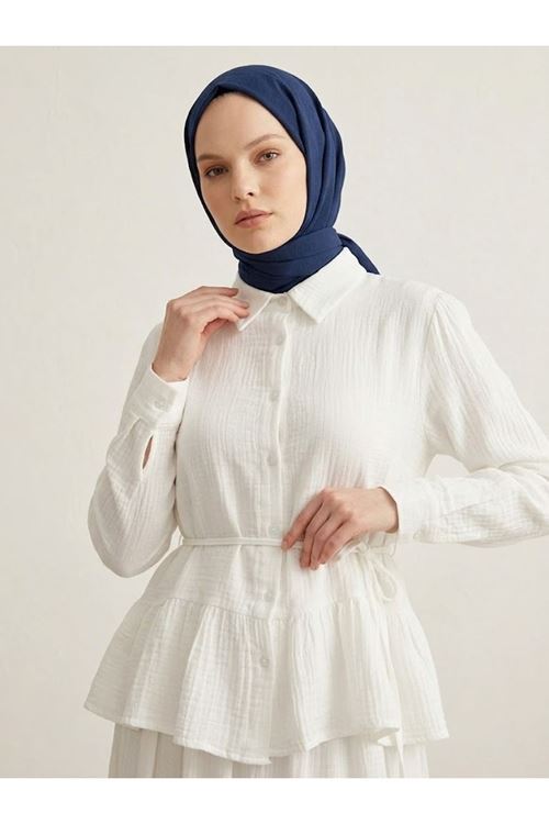 Büzgülü Etekli Müslin Takım-Ekru