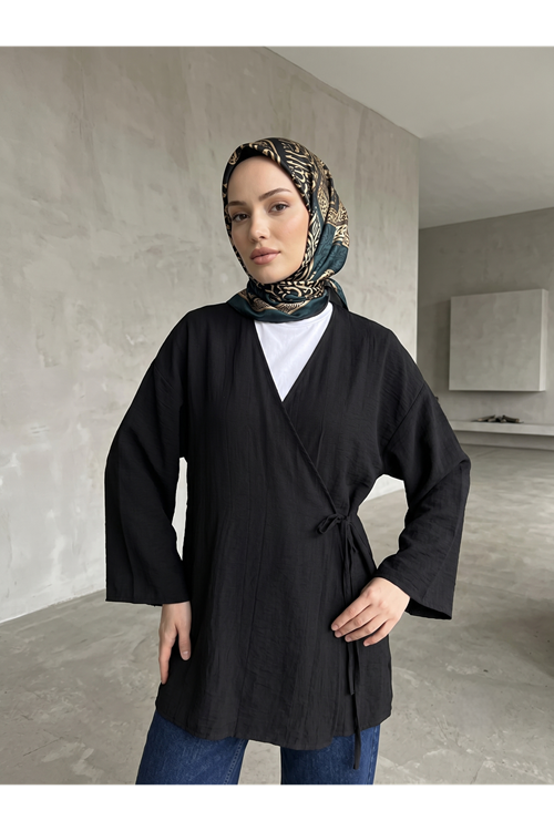 Yan Bağlamalı Çilek Tunik-Siyah