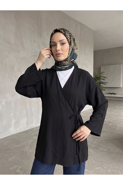 Yan Bağlamalı Çilek Tunik-Siyah