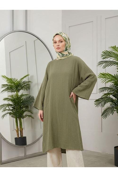 Reklan Kol Müslin Elbise-Haki