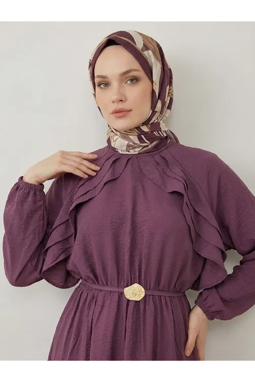 Fırfır Detay Elbise-Mürdüm