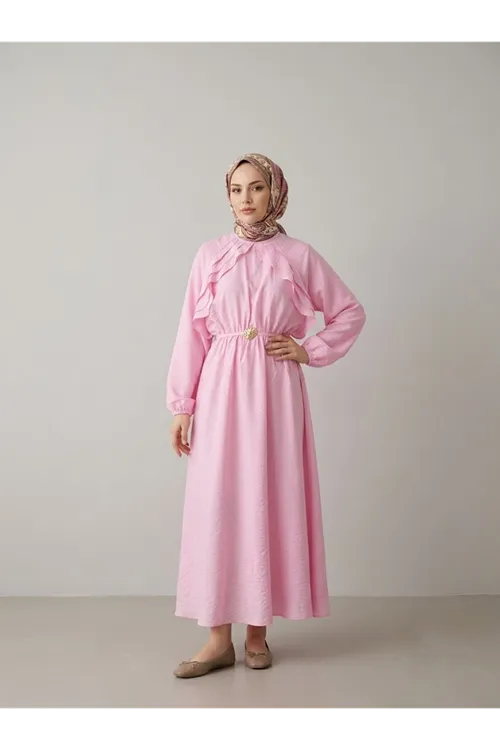 Fırfır Detay Elbise-Pembe