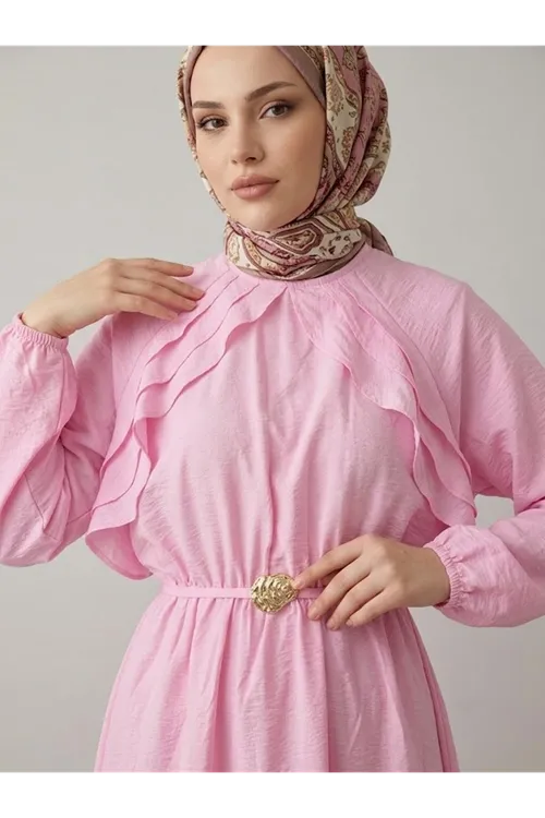 Fırfır Detay Elbise-Pembe
