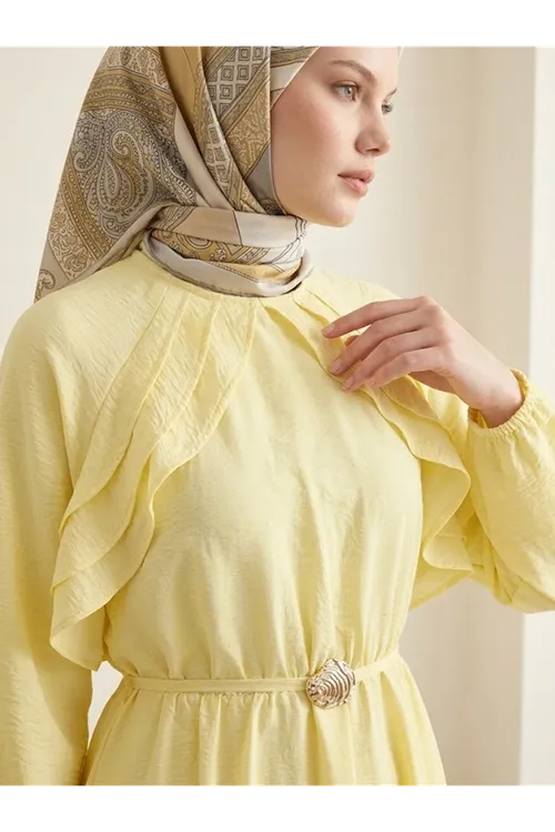 Fırfır Detay Elbise-Sarı