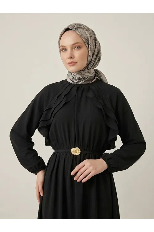 Fırfır Detay Elbise-Siyah
