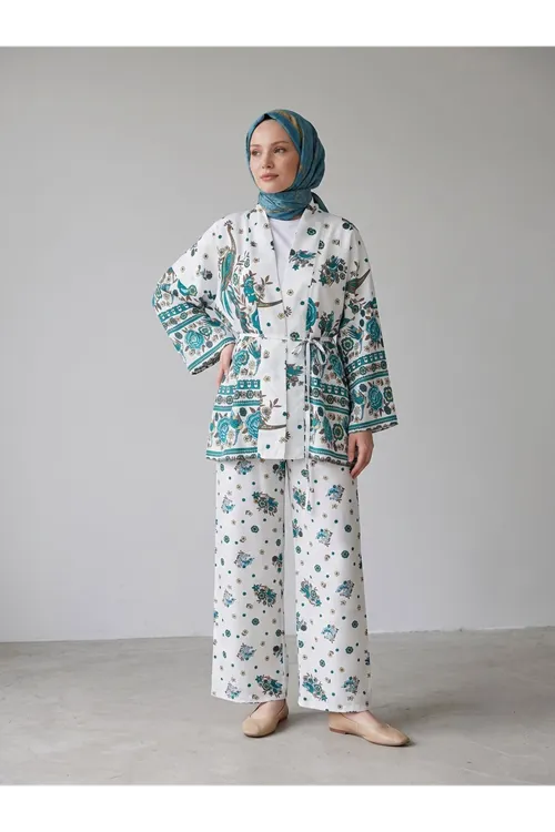Desenli Viskon Kimono Takım-Color