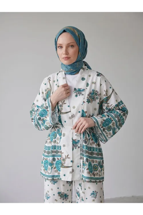 Desenli Viskon Kimono Takım-Color