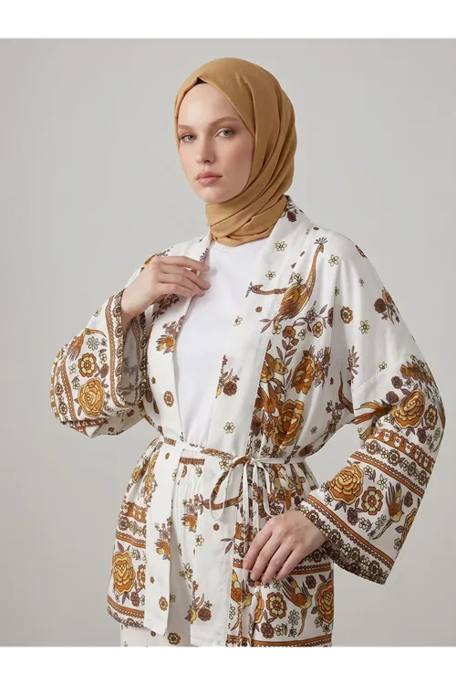 Desenli Viskon Kimono Takım-Koyu Kahve