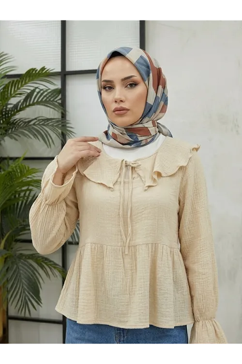 Yaka Bağlamalı Tunik-Bej