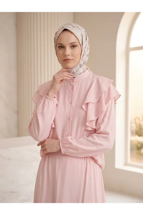 Omuz Volanlı Etekli Takım-Pembe