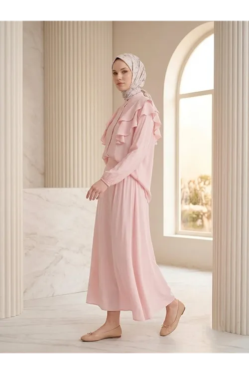 Omuz Volanlı Etekli Takım-Pembe