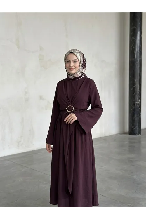 Önü Bağlamalı Aksesuar Detay Elbise-Bordo