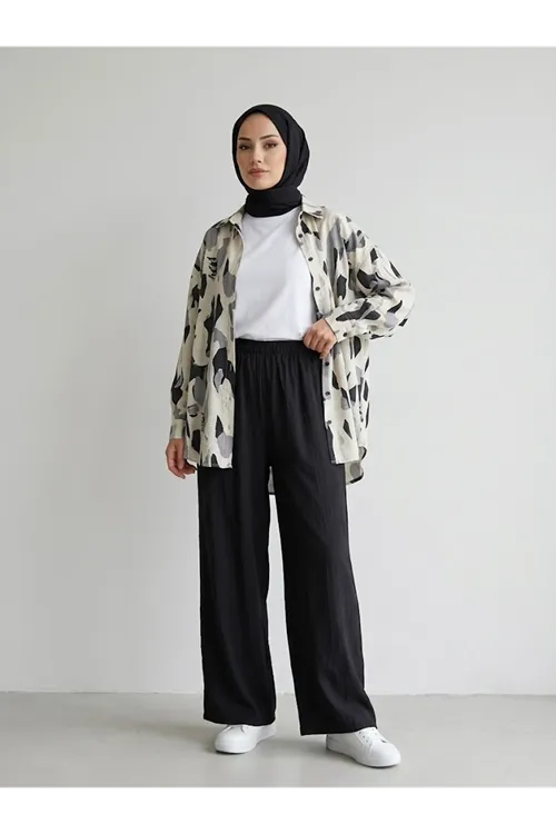 Bol Paça Çilek Pantolon-Siyah
