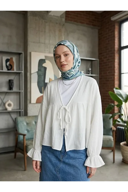 Önü Bağlamalı Kısa Kimono-Ekru