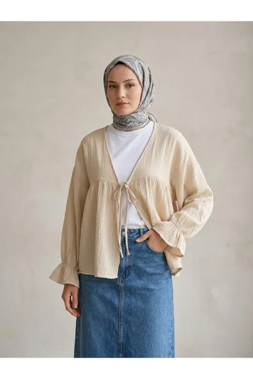 Önü Bağlamalı Kısa Kimono-Bej