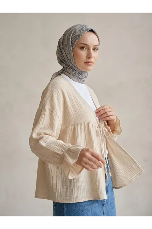 Önü Bağlamalı Kısa Kimono-Bej
