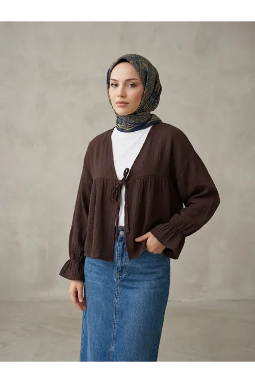 Önü Bağlamalı Kısa Kimono-Kahve
