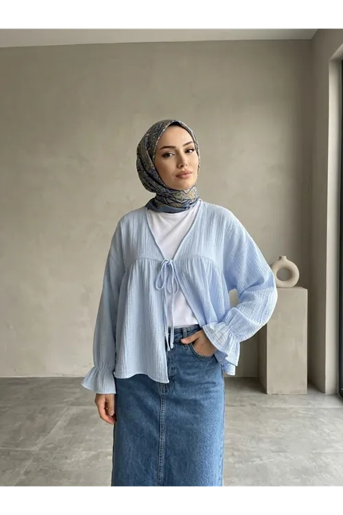 Önü Bağlamalı Kısa Kimono-Mavi