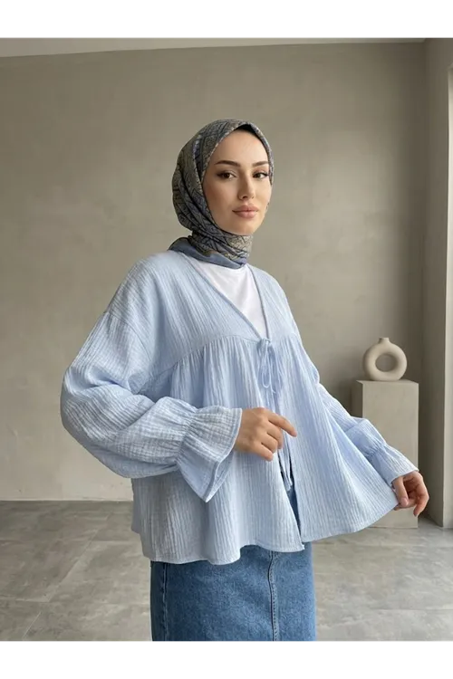 Önü Bağlamalı Kısa Kimono-Mavi
