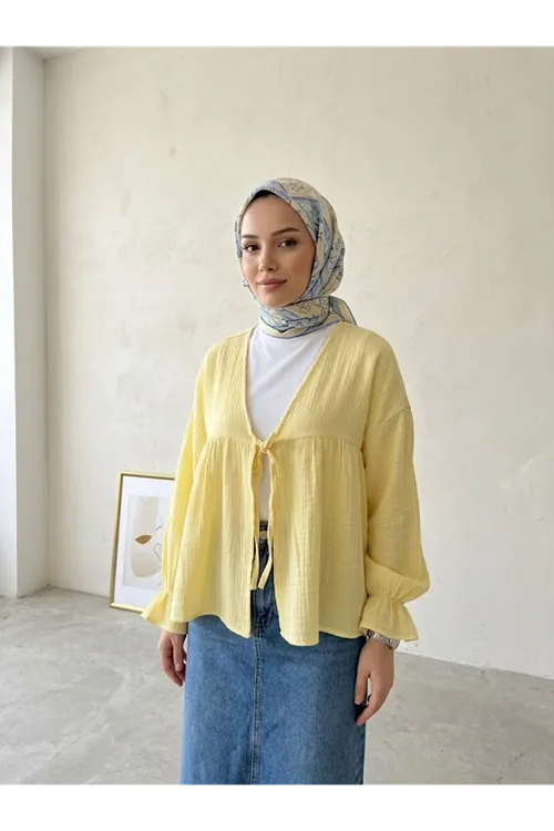 Önü Bağlamalı Kısa Kimono-Sarı