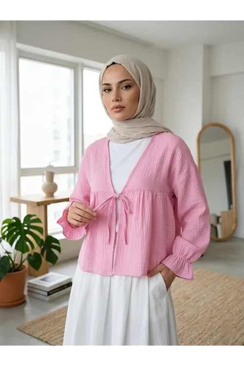Önü Bağlamalı Kısa Kimono-Pembe