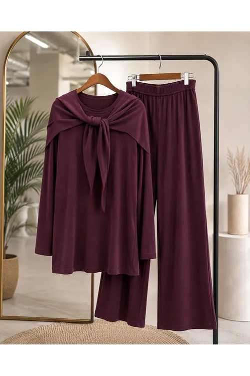 Pelerin Detay  Pantolonlu Pike Takım-Bordo