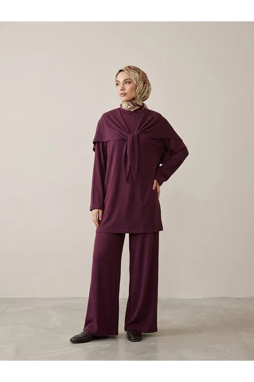 Pelerin Detay  Pantolonlu Pike Takım-Bordo