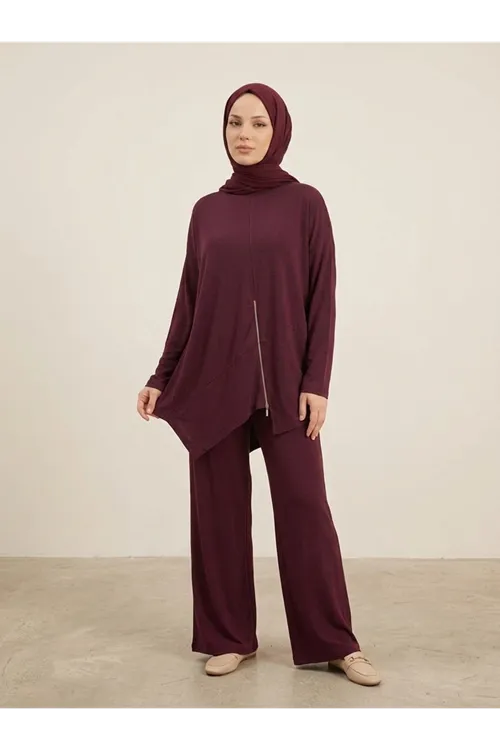 Fermuar Detay Asimetrik  Kesim Pantolonlu Takım-Bordo