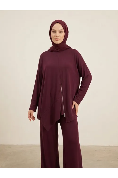 Fermuar Detay Asimetrik  Kesim Pantolonlu Takım-Bordo