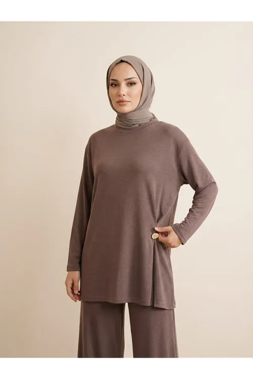 Broş Detay Pantolonlu Takım-Açık Kahve