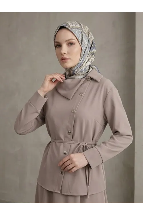 Çapraz Düğmeli Etekli Takım-Vizon