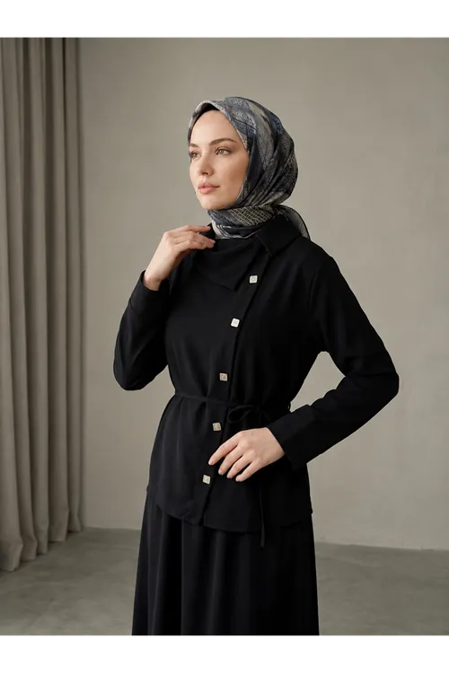 Çapraz Düğmeli Etekli Takım-Siyah